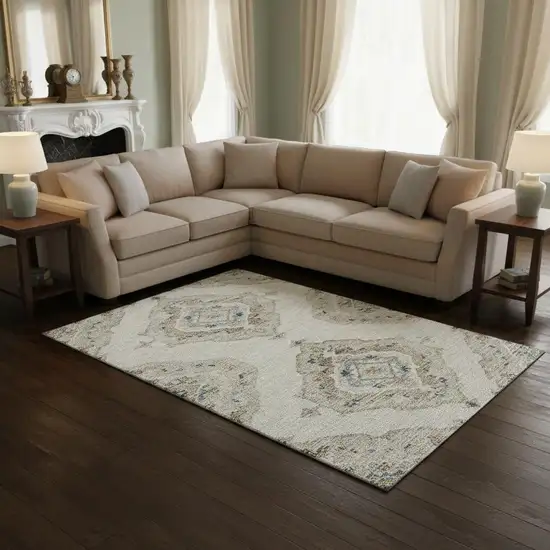 Linen Ivory And Blue Tribal Washable Area Rug With UV Protection Photo 1