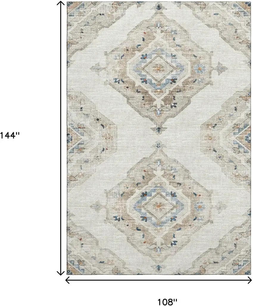 Linen Ivory And Blue Tribal Washable Area Rug With UV Protection Photo 3