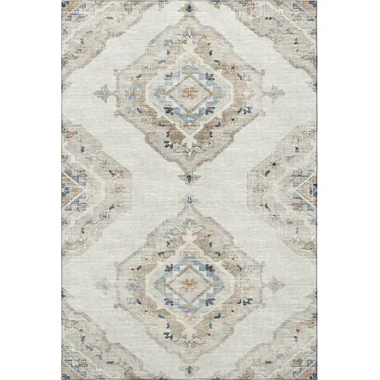 Linen Ivory And Blue Tribal Washable Area Rug With UV Protection Photo 5