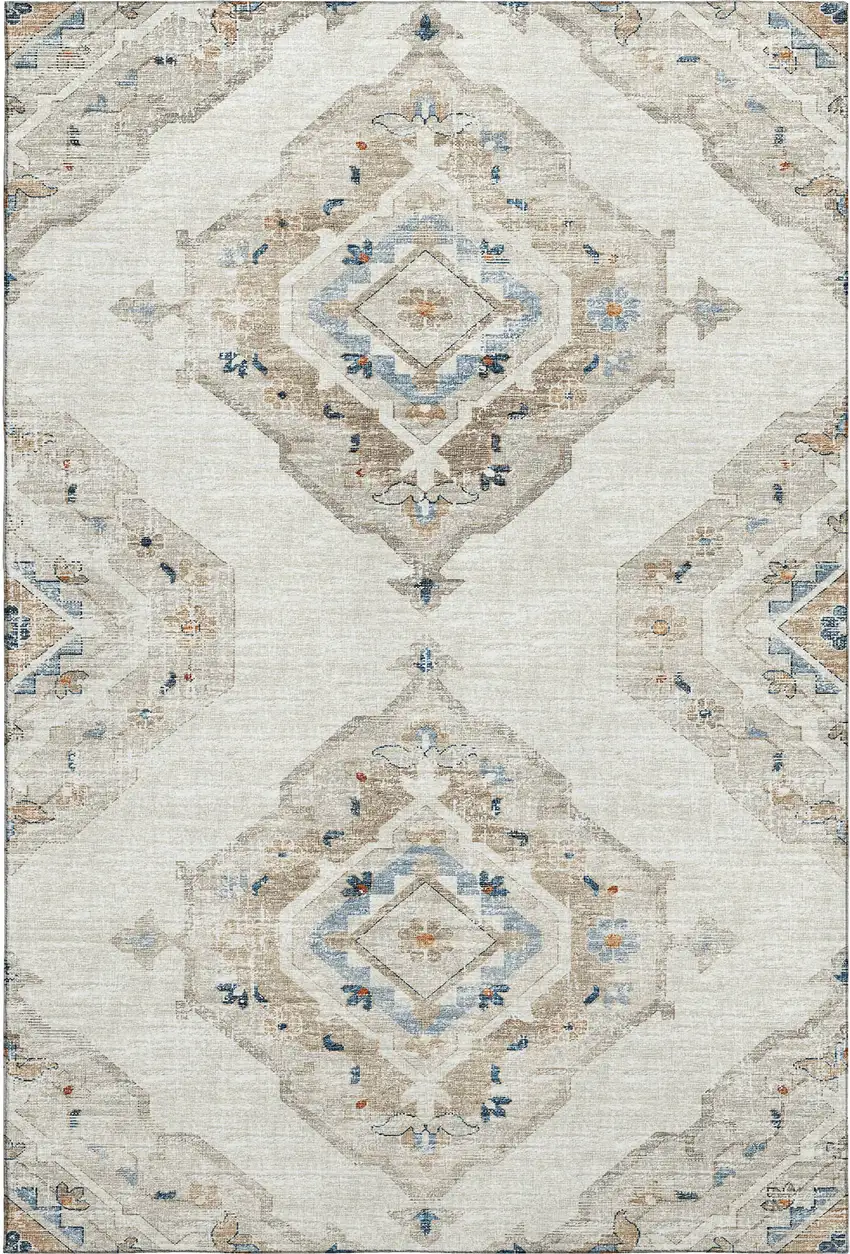 Linen Ivory And Blue Tribal Washable Area Rug With UV Protection Photo 2