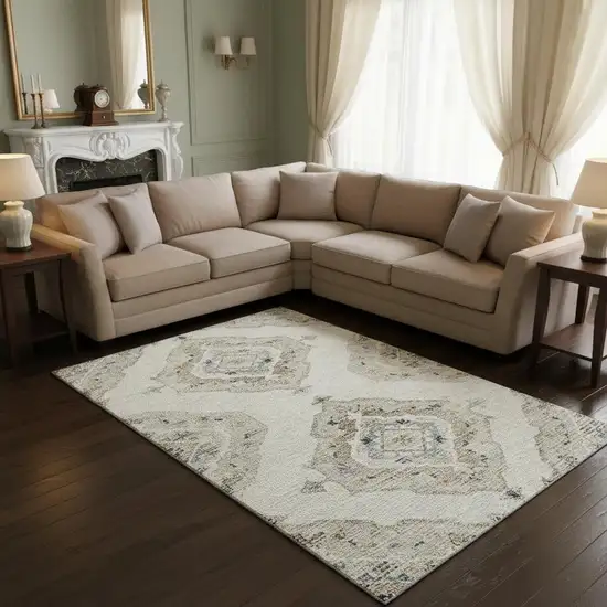 Linen Ivory And Blue Tribal Washable Area Rug With UV Protection Photo 1