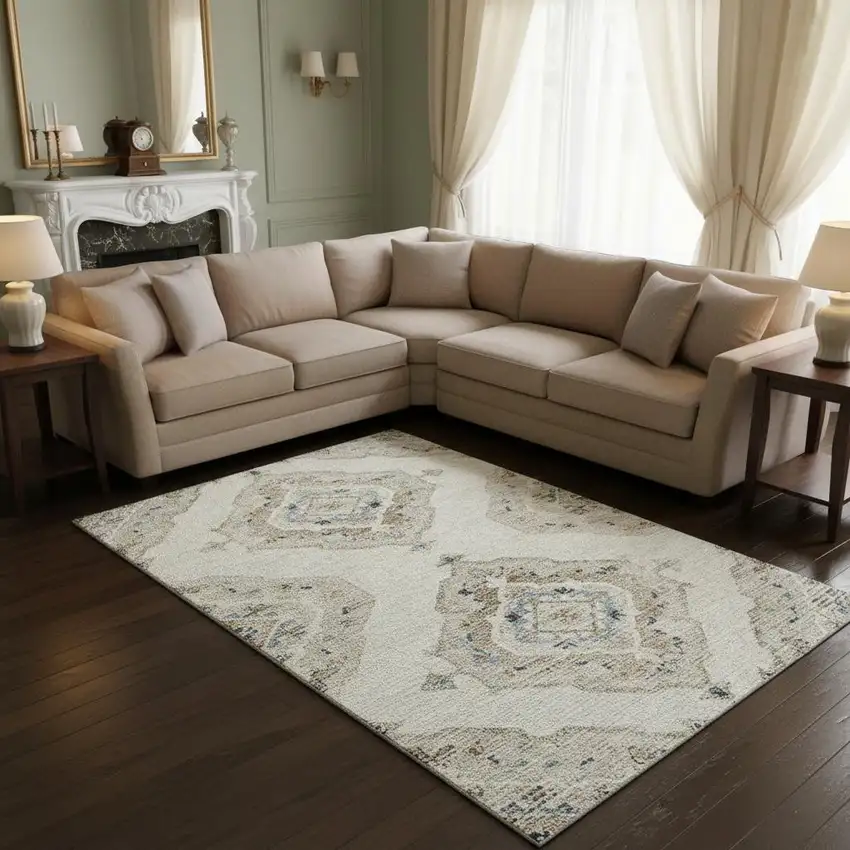 Linen Ivory And Blue Tribal Washable Area Rug With UV Protection Photo 1