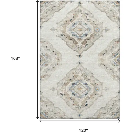 Linen Ivory And Blue Tribal Washable Area Rug With UV Protection Photo 3