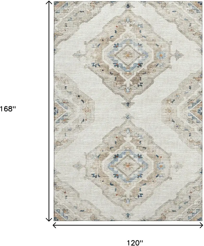 Linen Ivory And Blue Tribal Washable Area Rug With UV Protection Photo 3