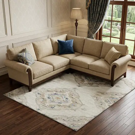 Linen Ivory And Blue Tribal Distressed Washable Area Rug With UV Protection Photo 1