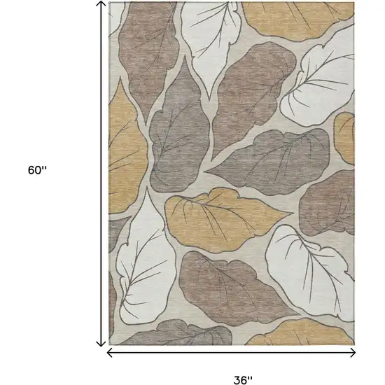 Linen Ivory And Brown Botanical Leaves Washable Indoor Outdoor Area Rug Photo 3