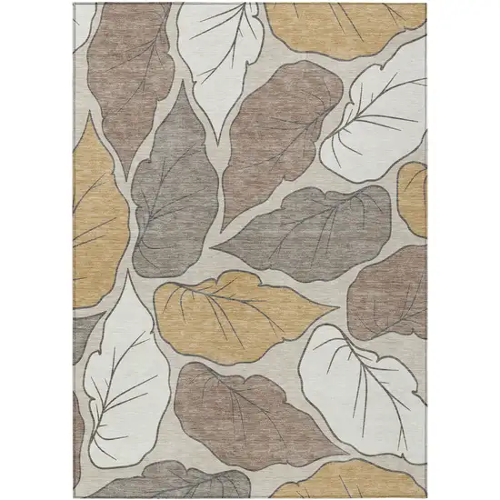 Linen Ivory And Brown Botanical Leaves Washable Indoor Outdoor Area Rug Photo 2