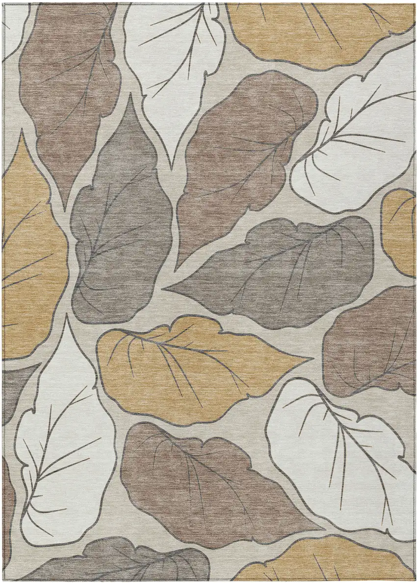 Linen Ivory And Brown Botanical Leaves Washable Indoor Outdoor Area Rug Photo 2