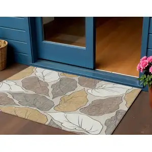 Photo of Linen Ivory And Brown Botanical Leaves Washable Indoor Outdoor Area Rug