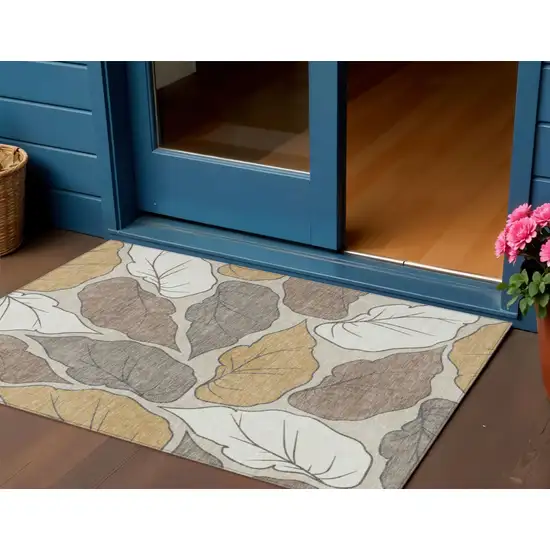 Linen Ivory And Brown Botanical Leaves Washable Indoor Outdoor Area Rug Photo 1