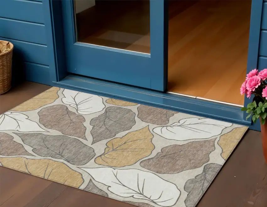 Linen Ivory And Brown Botanical Leaves Washable Indoor Outdoor Area Rug Photo 1