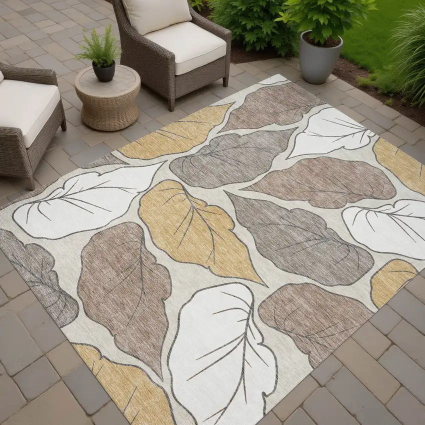 Linen Ivory And Brown Botanical Leaves Washable Indoor Outdoor Area Rug Photo 8