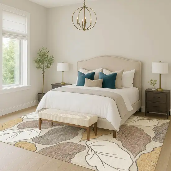 Linen Ivory And Brown Botanical Leaves Washable Indoor Outdoor Area Rug Photo 9