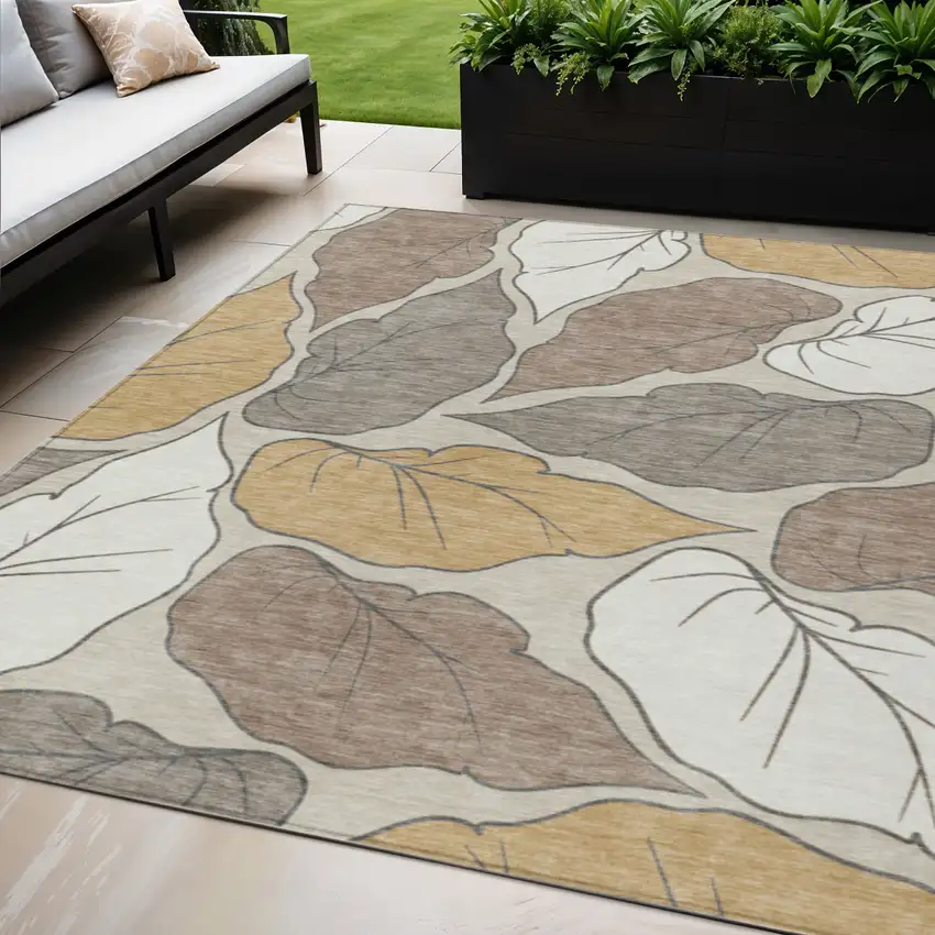 Linen Ivory And Brown Botanical Leaves Washable Indoor Outdoor Area Rug Photo 1