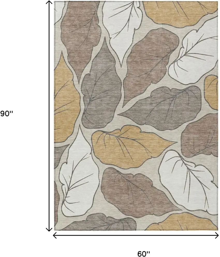 Linen Ivory And Brown Botanical Leaves Washable Indoor Outdoor Area Rug Photo 3