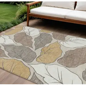 Photo of Linen Ivory And Brown Botanical Leaves Washable Indoor Outdoor Area Rug