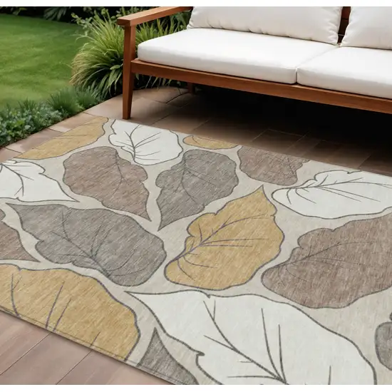 Linen Ivory And Brown Botanical Leaves Washable Indoor Outdoor Area Rug Photo 1