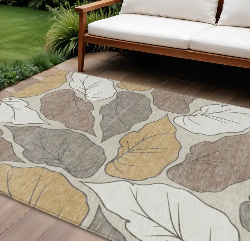 Linen Ivory And Brown Botanical Leaves Washable Indoor Outdoor Area Rug Photo 1
