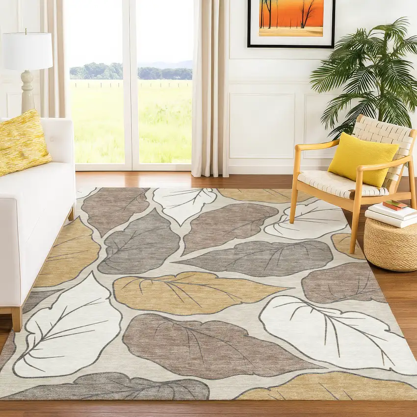 Linen Ivory And Brown Botanical Leaves Washable Indoor Outdoor Area Rug Photo 9