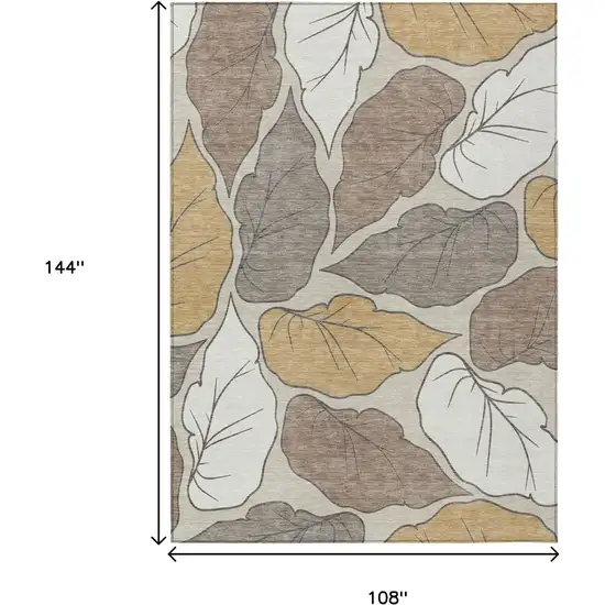 Linen Ivory And Brown Botanical Leaves Washable Indoor Outdoor Area Rug Photo 3