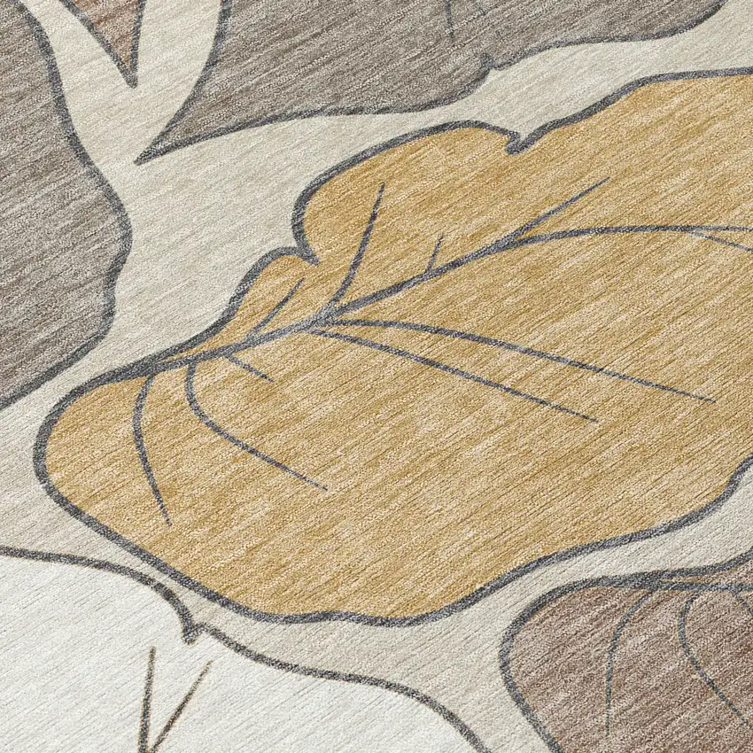 Linen Ivory And Brown Botanical Leaves Washable Indoor Outdoor Area Rug Photo 6