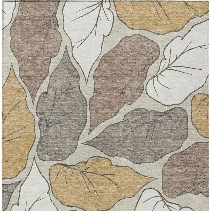 Linen Ivory And Brown Botanical Leaves Washable Indoor Outdoor Area Rug Photo 7