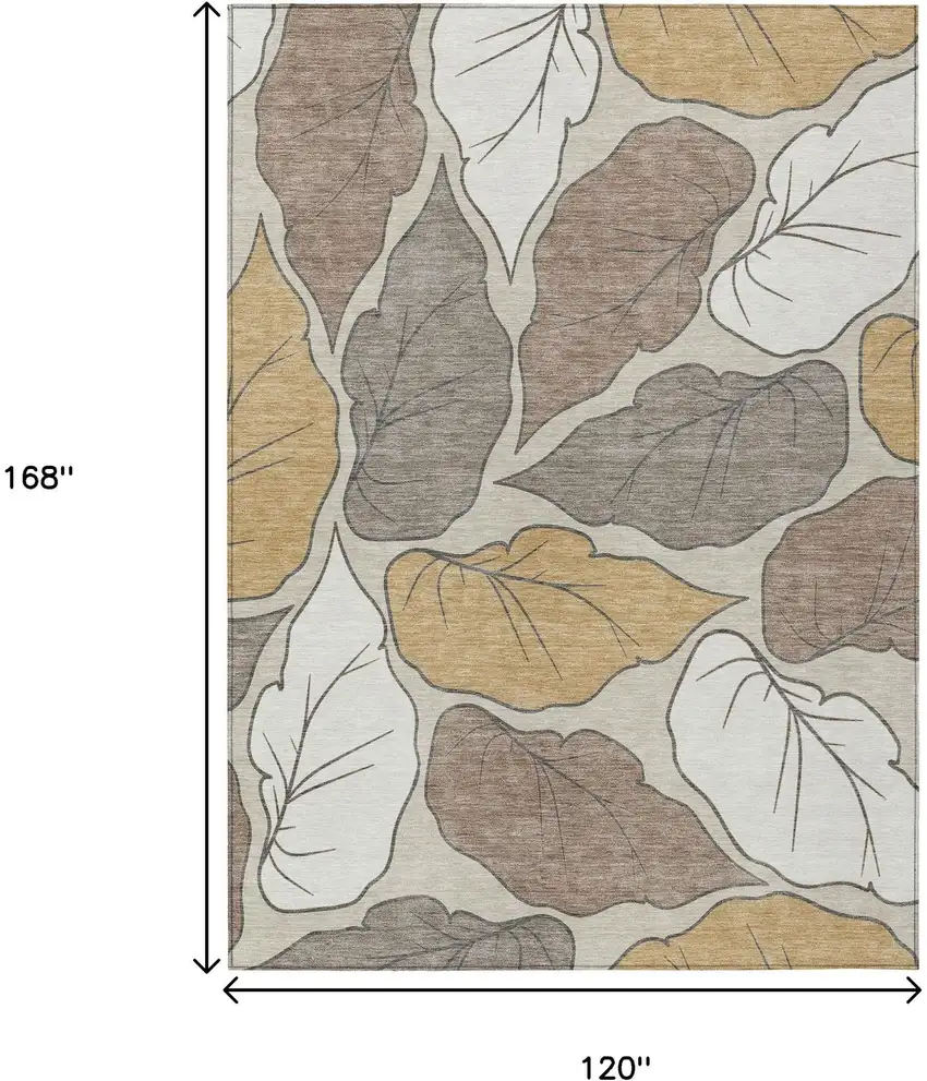 Linen Ivory And Brown Botanical Leaves Washable Indoor Outdoor Area Rug Photo 3