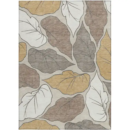 Linen Ivory And Brown Botanical Leaves Washable Indoor Outdoor Area Rug Photo 4