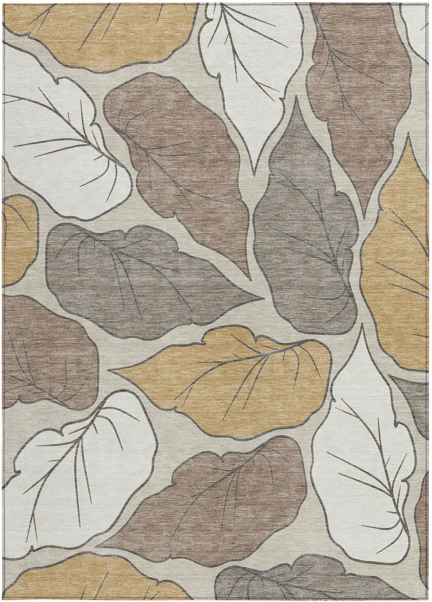 Linen Ivory And Brown Botanical Leaves Washable Indoor Outdoor Area Rug Photo 4