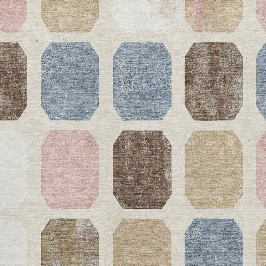 Linen Ivory And Brown Geometric Washable Area Rug With UV Protection Photo 3