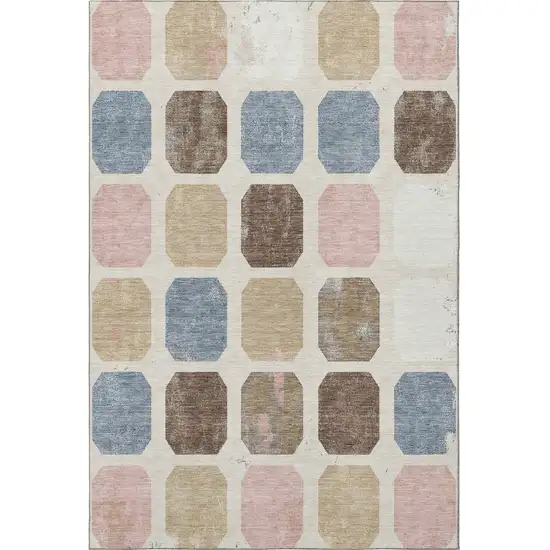 Linen Ivory And Brown Geometric Washable Area Rug With UV Protection Photo 4