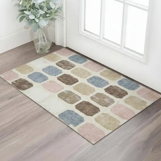Linen Ivory And Brown Geometric Washable Area Rug With UV Protection Photo 2