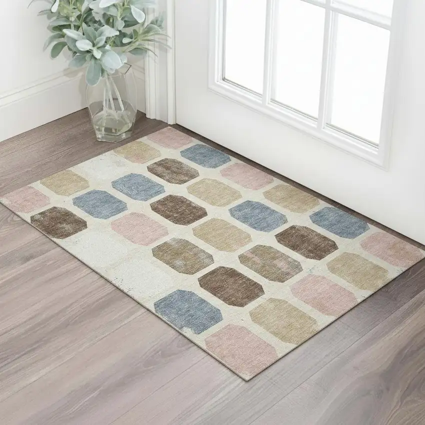 Linen Ivory And Brown Geometric Washable Area Rug With UV Protection Photo 2