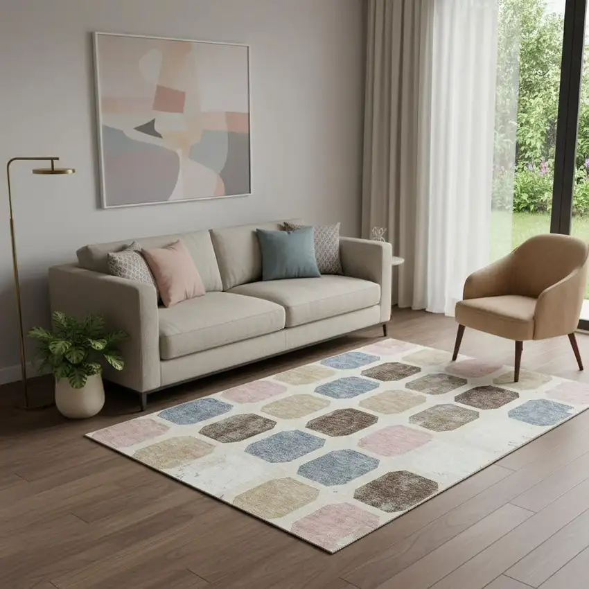 Linen Ivory And Brown Geometric Washable Area Rug With UV Protection Photo 2