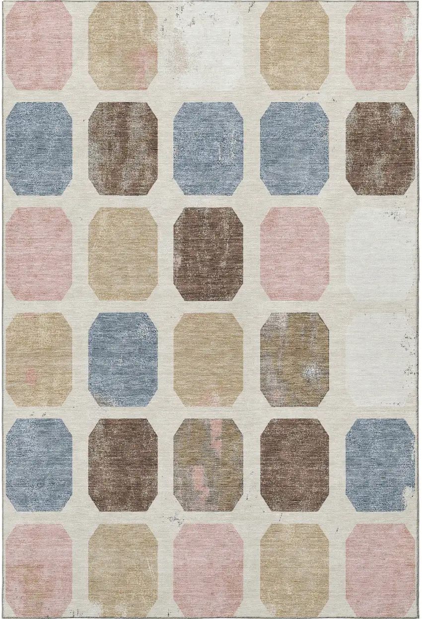 Linen Ivory And Brown Geometric Washable Area Rug With UV Protection Photo 4