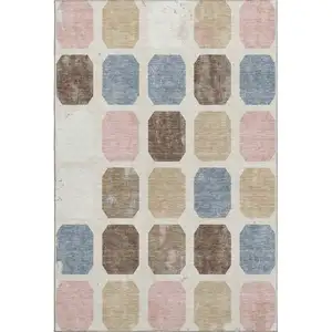 Photo of Linen Ivory And Brown Geometric Washable Area Rug With UV Protection