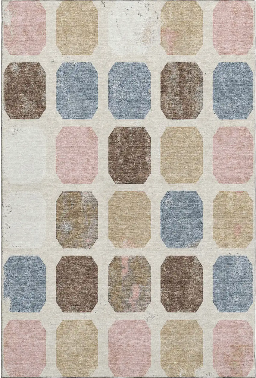 Linen Ivory And Brown Geometric Washable Area Rug With UV Protection Photo 1