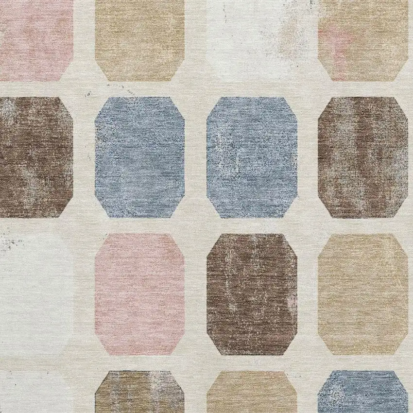 Linen Ivory And Brown Geometric Washable Area Rug With UV Protection Photo 3