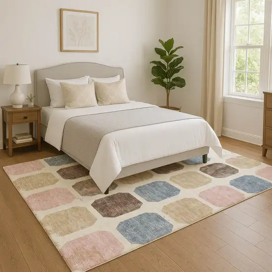 Linen Ivory And Brown Geometric Washable Area Rug With UV Protection Photo 5