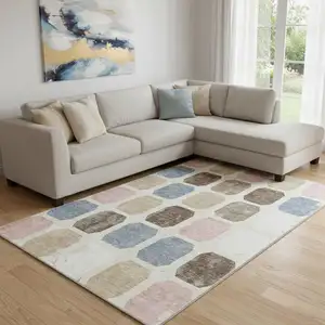 Photo of Linen Ivory And Brown Geometric Washable Area Rug With UV Protection
