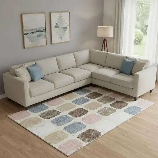 Linen Ivory And Brown Geometric Washable Area Rug With UV Protection Photo 2