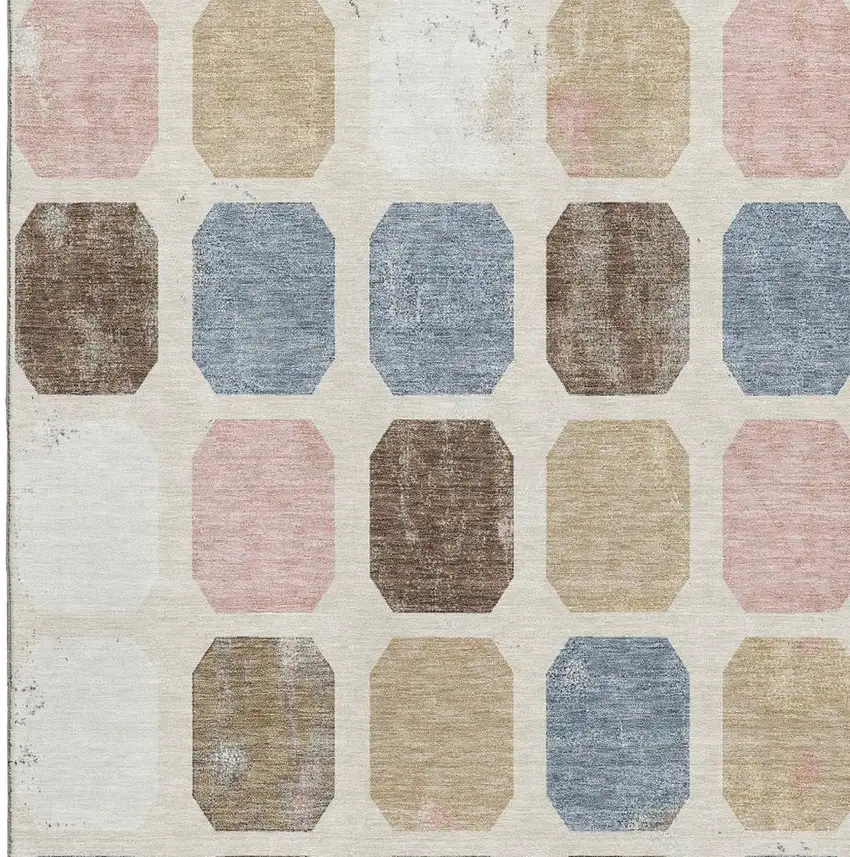 Linen Ivory And Brown Geometric Washable Area Rug With UV Protection Photo 3