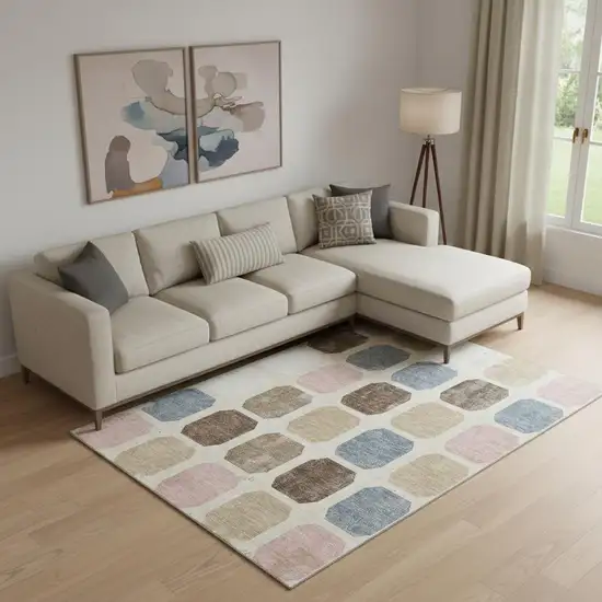 Linen Ivory And Brown Geometric Washable Area Rug With UV Protection Photo 2