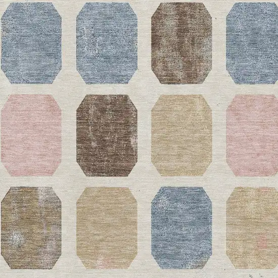 Linen Ivory And Brown Geometric Washable Area Rug With UV Protection Photo 3