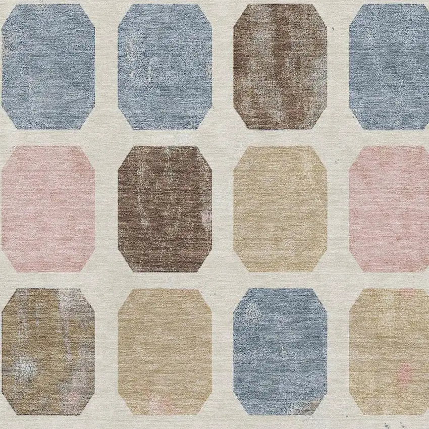 Linen Ivory And Brown Geometric Washable Area Rug With UV Protection Photo 3