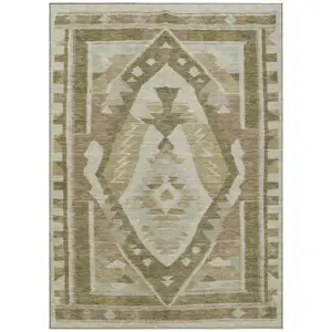 Photo of Linen Ivory And Brown Tribal Washable Indoor Outdoor Area Rug