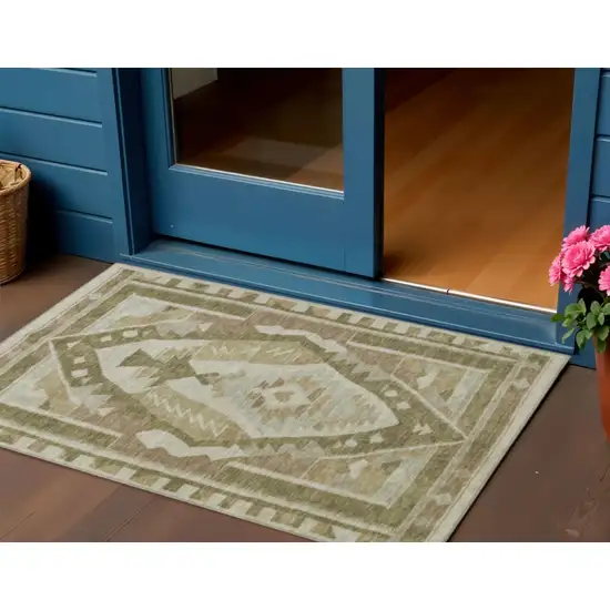 Linen Ivory And Brown Tribal Washable Indoor Outdoor Area Rug Photo 2