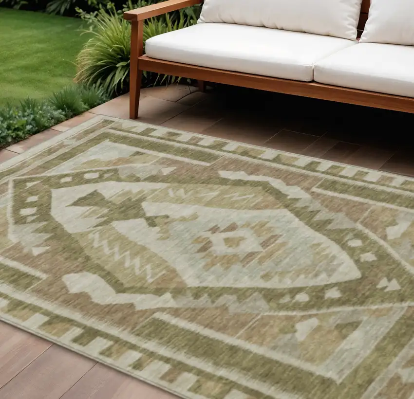 Linen Ivory And Brown Tribal Washable Indoor Outdoor Area Rug Photo 2