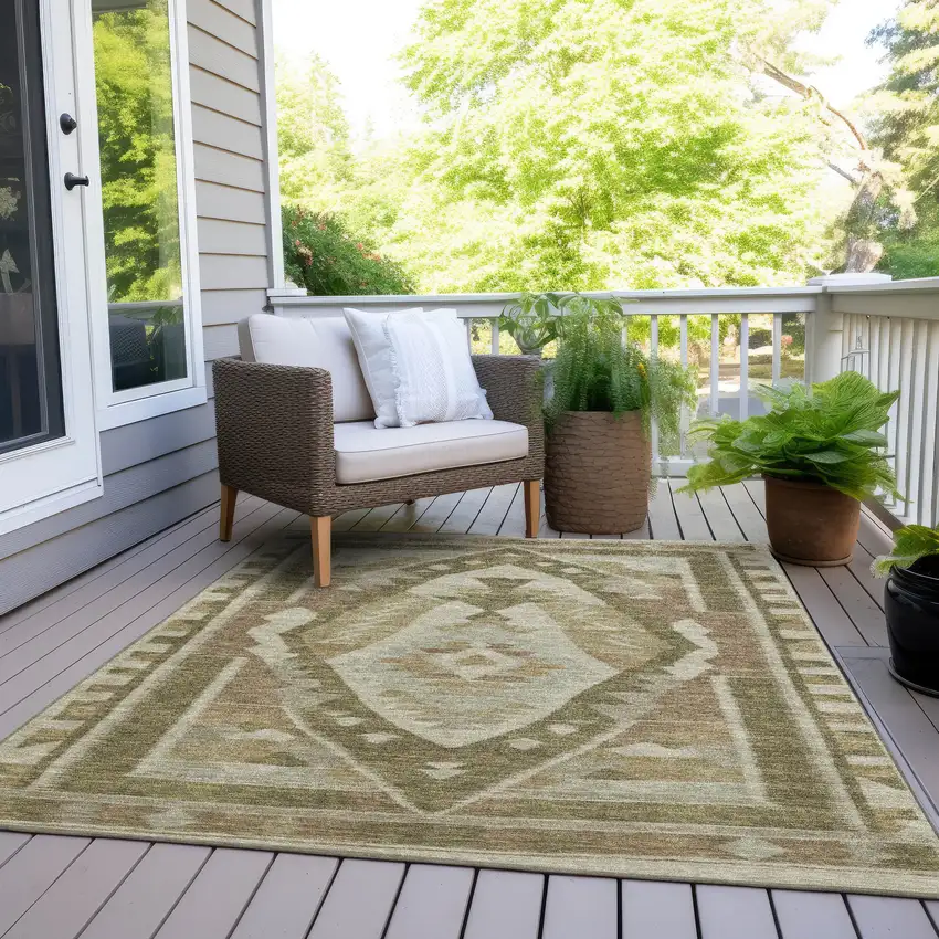 Linen Ivory And Brown Tribal Washable Indoor Outdoor Area Rug Photo 9