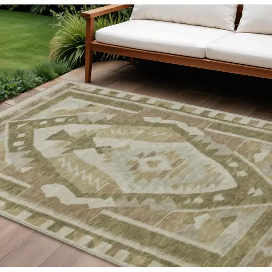 Linen Ivory And Brown Tribal Washable Indoor Outdoor Area Rug Photo 2